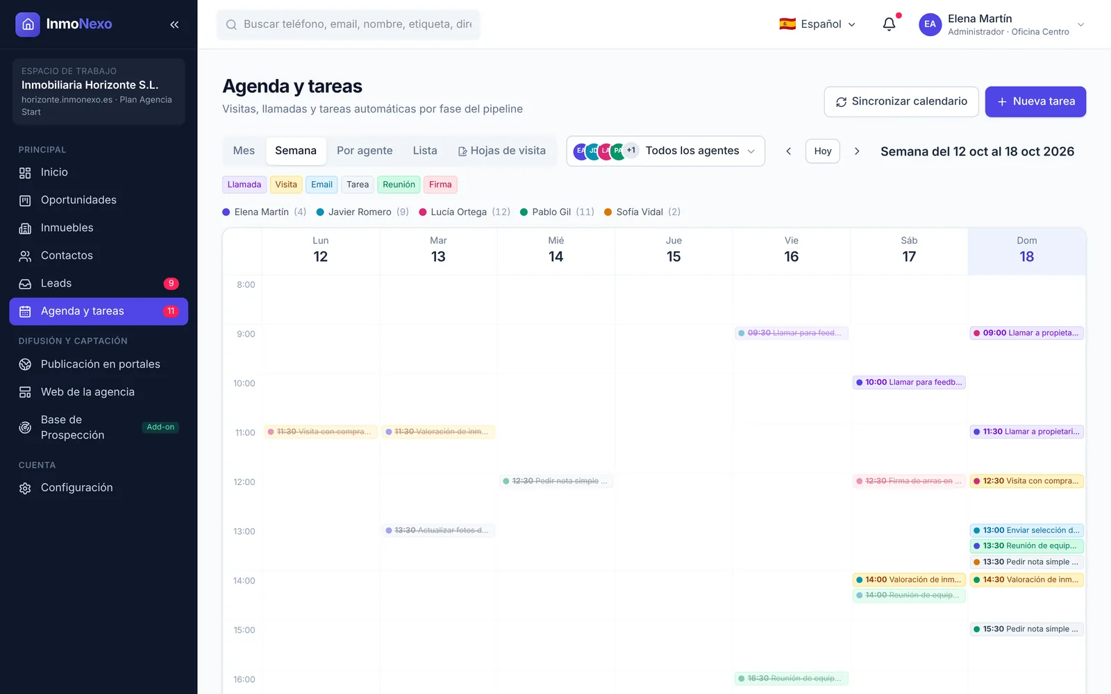 InmoNexo weekly calendar with viewings and tasks of several agents