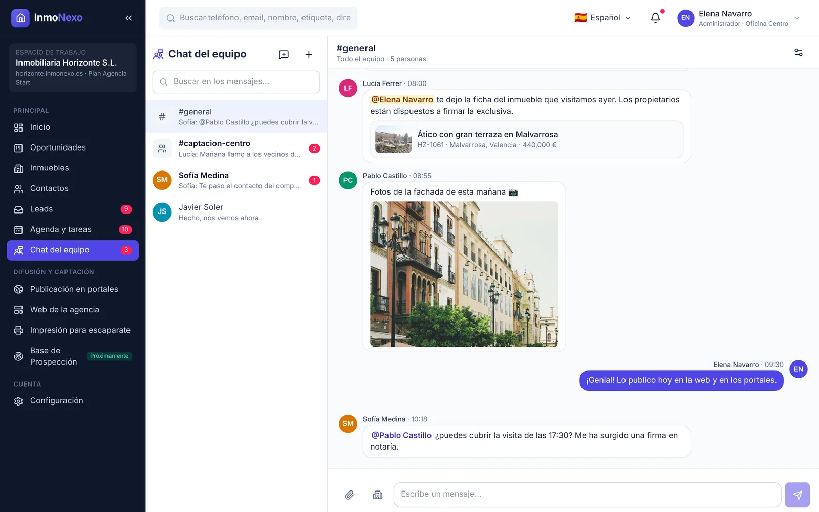 InmoNexo team chat: general channel with colleagues' messages, a shared property record and an attached photo
