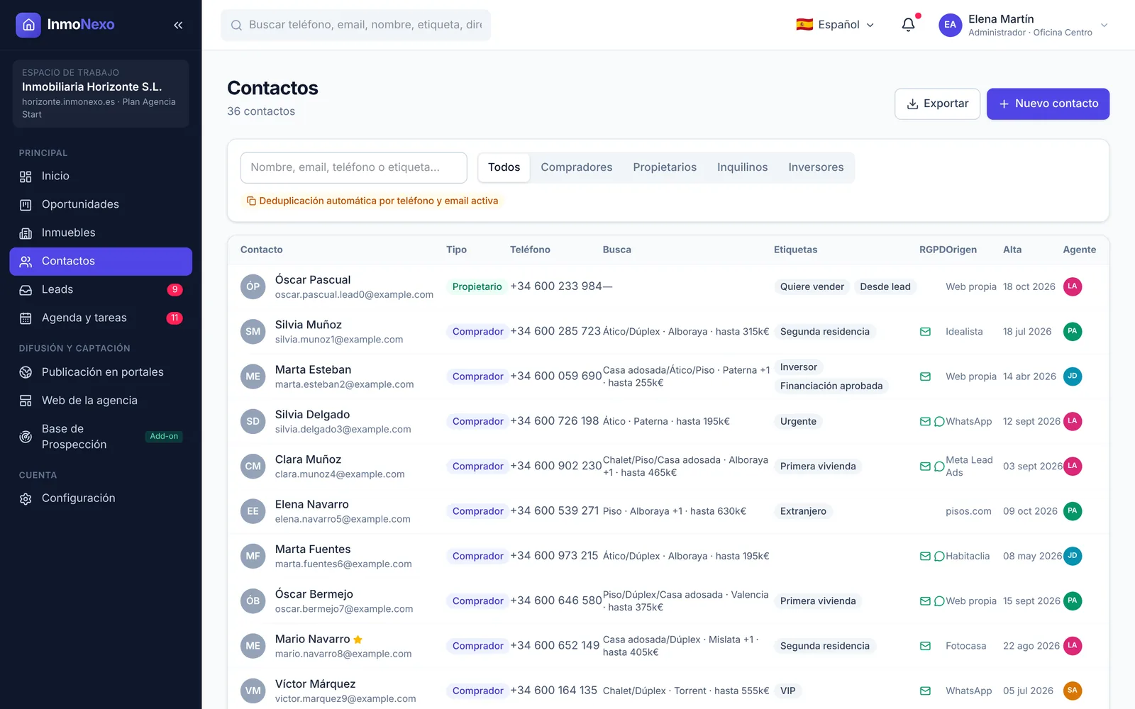 InmoNexo contact list with type, search, tags, source and agent