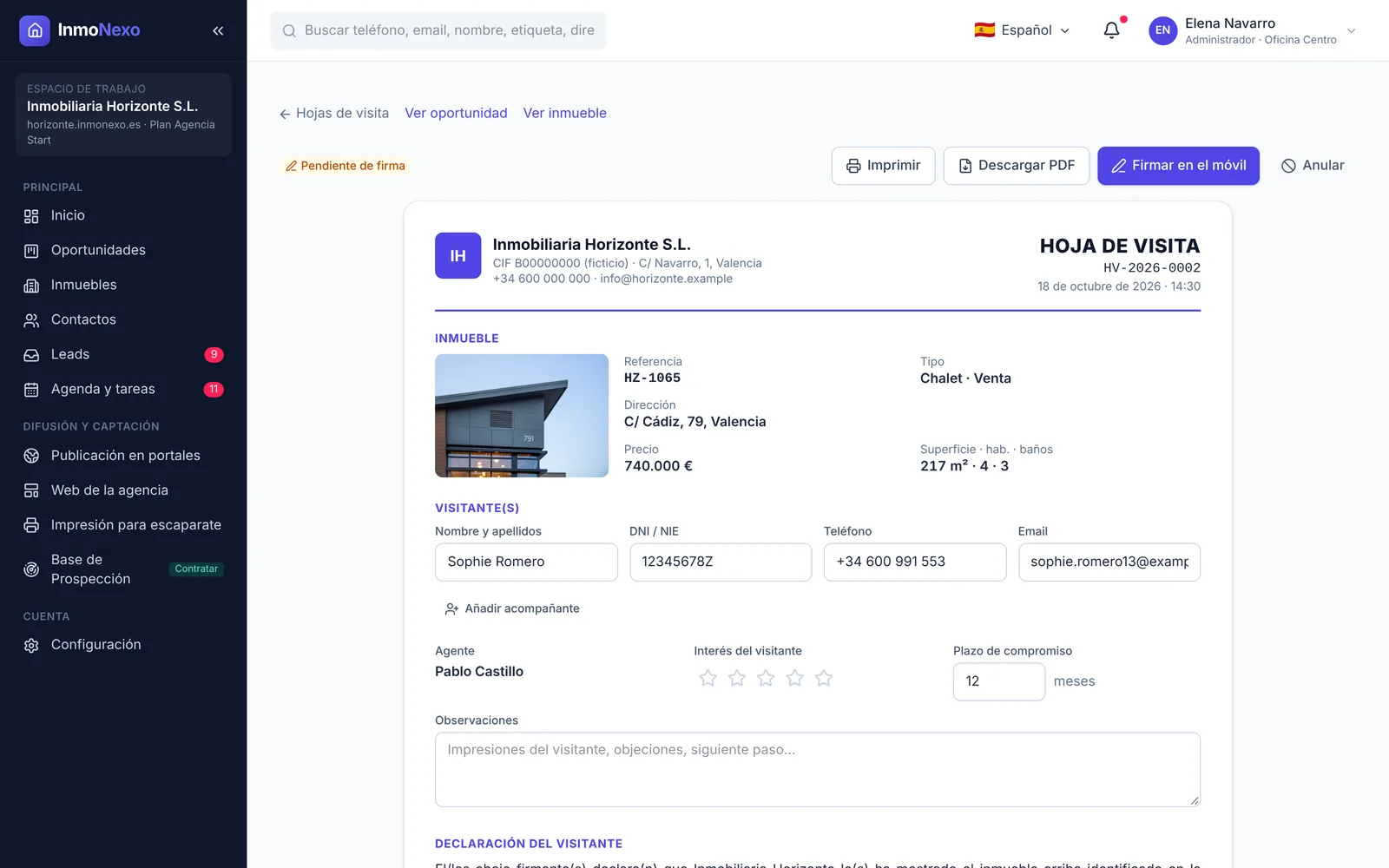 InmoNexo viewing sheet with property and visitor details, and a button to sign it on mobile