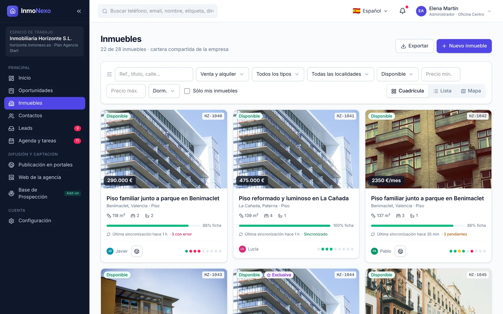 InmoNexo property list with photos, prices and sync status