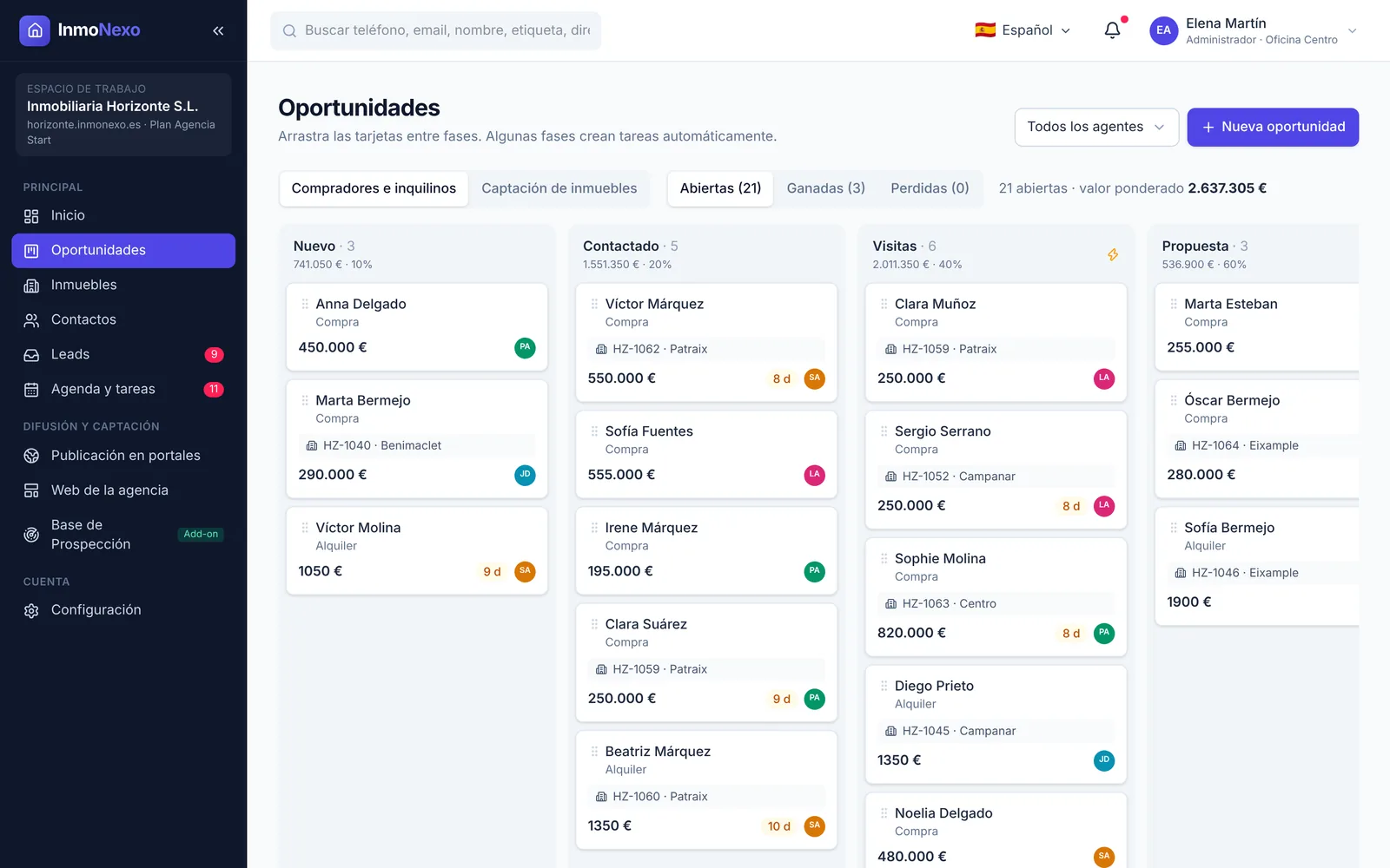 InmoNexo opportunity kanban with stages