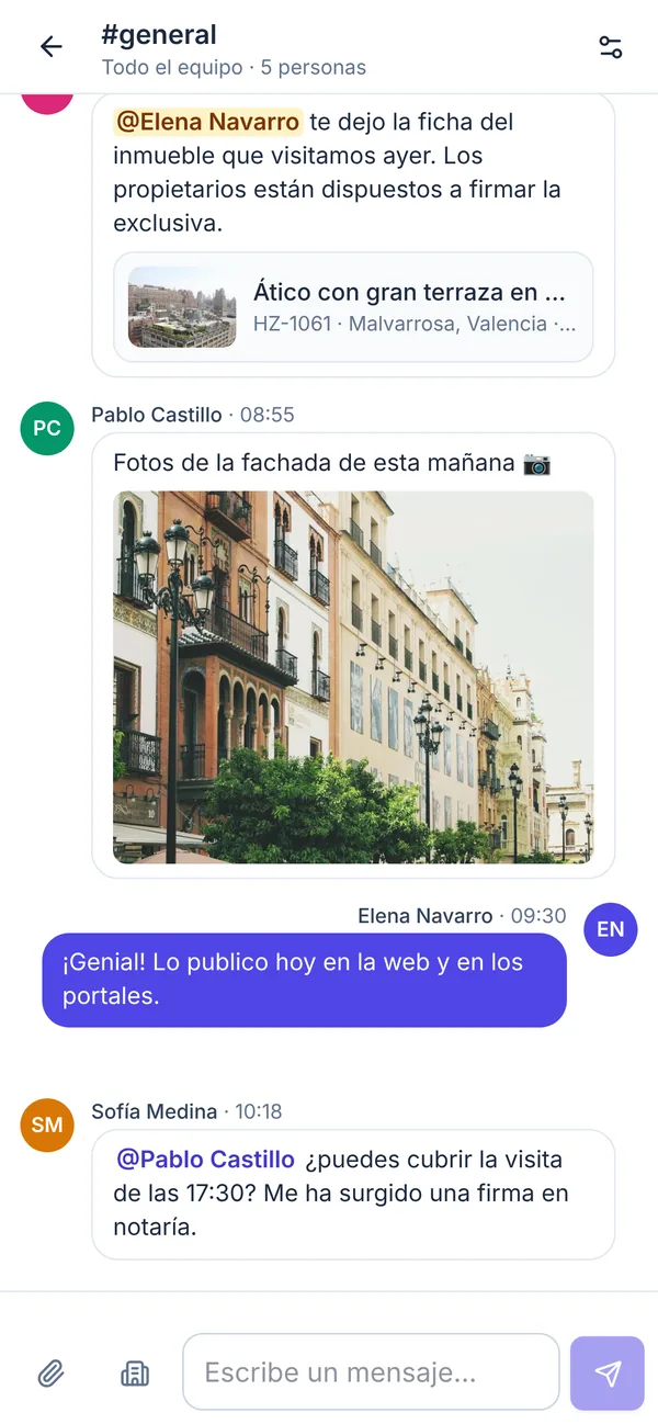 Team chat on mobile: general channel conversation with a mention of a colleague