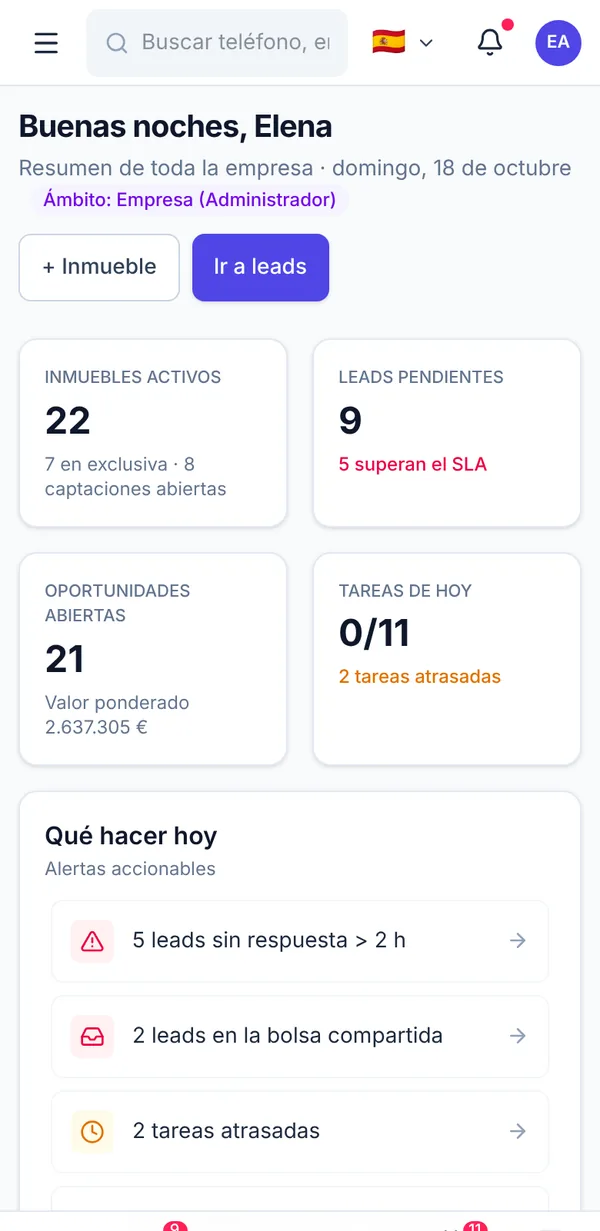 InmoNexo on mobile: home dashboard