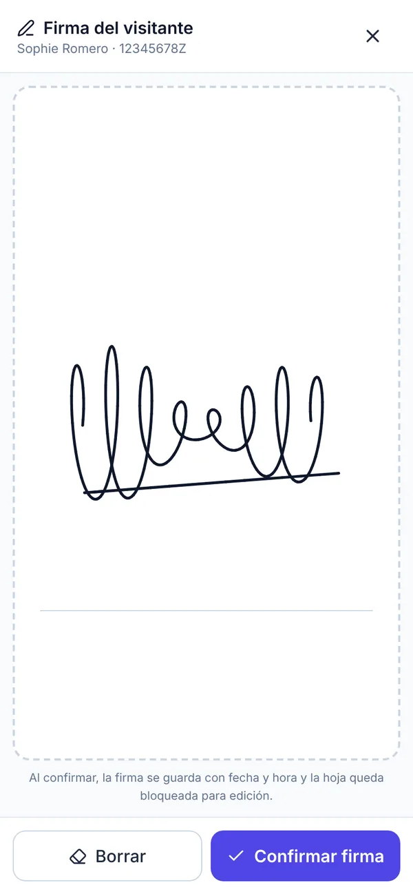 Viewing sheet signing screen on mobile, signed with a finger