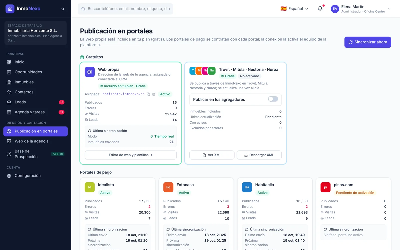 InmoNexo portal publishing screen with own website, Trovit and paid portals