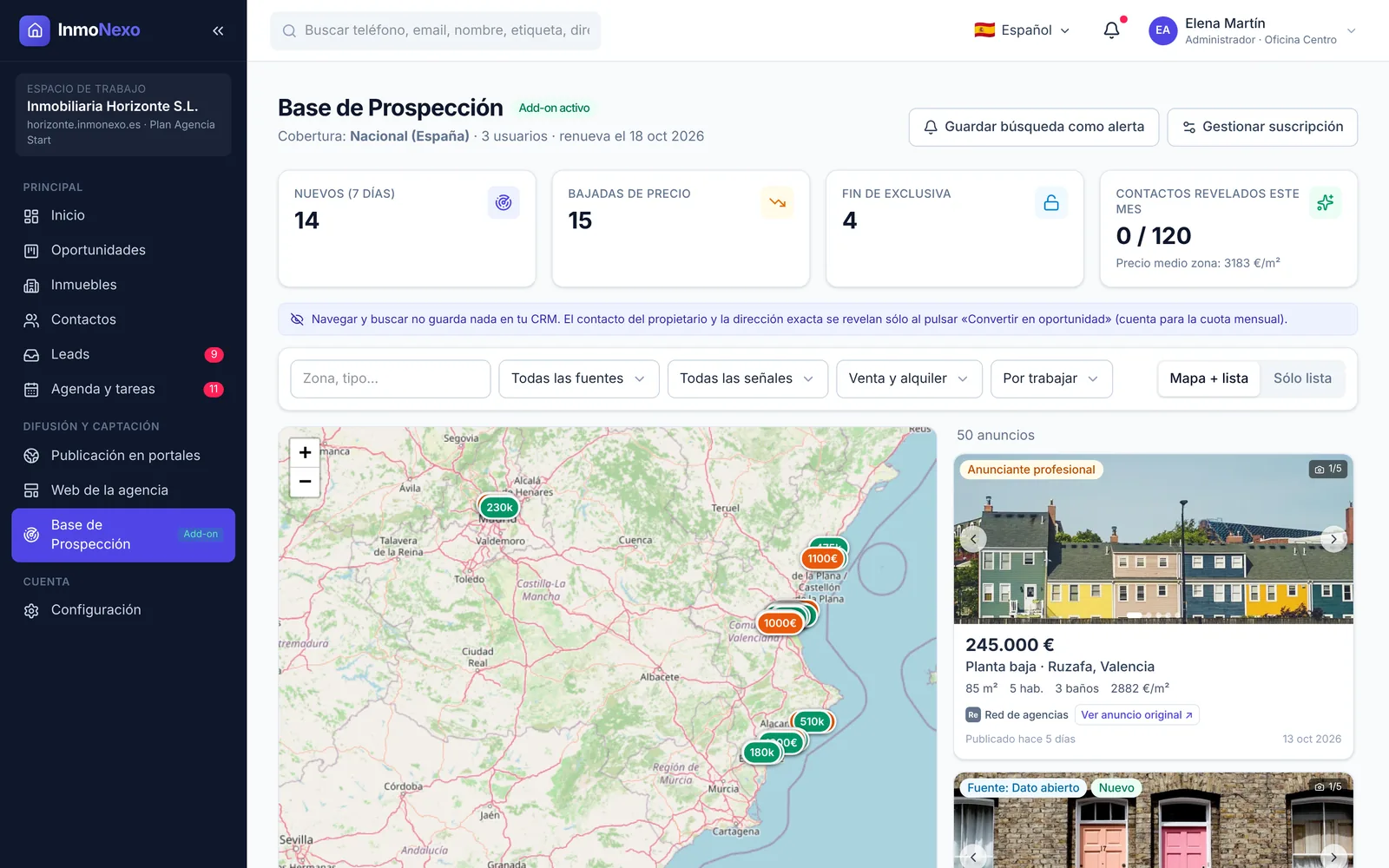 InmoNexo Prospecting Base with a map of listings
