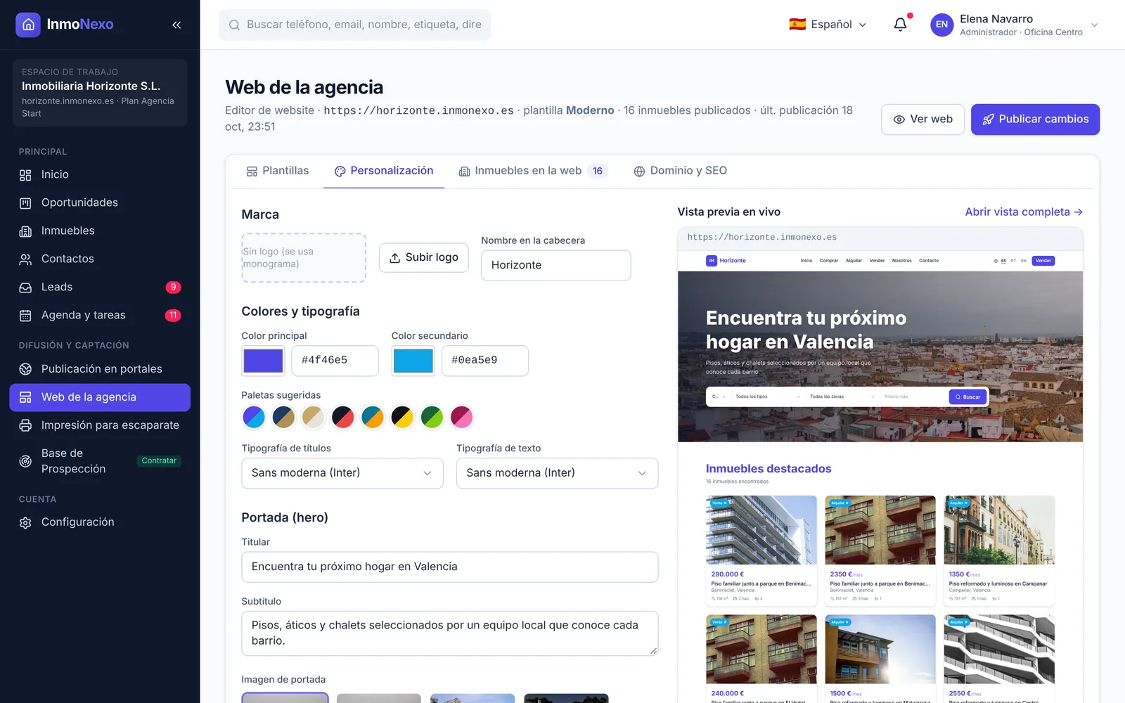 InmoNexo agency website editor: Customisation tab with brand, colours, fonts, cover and live preview